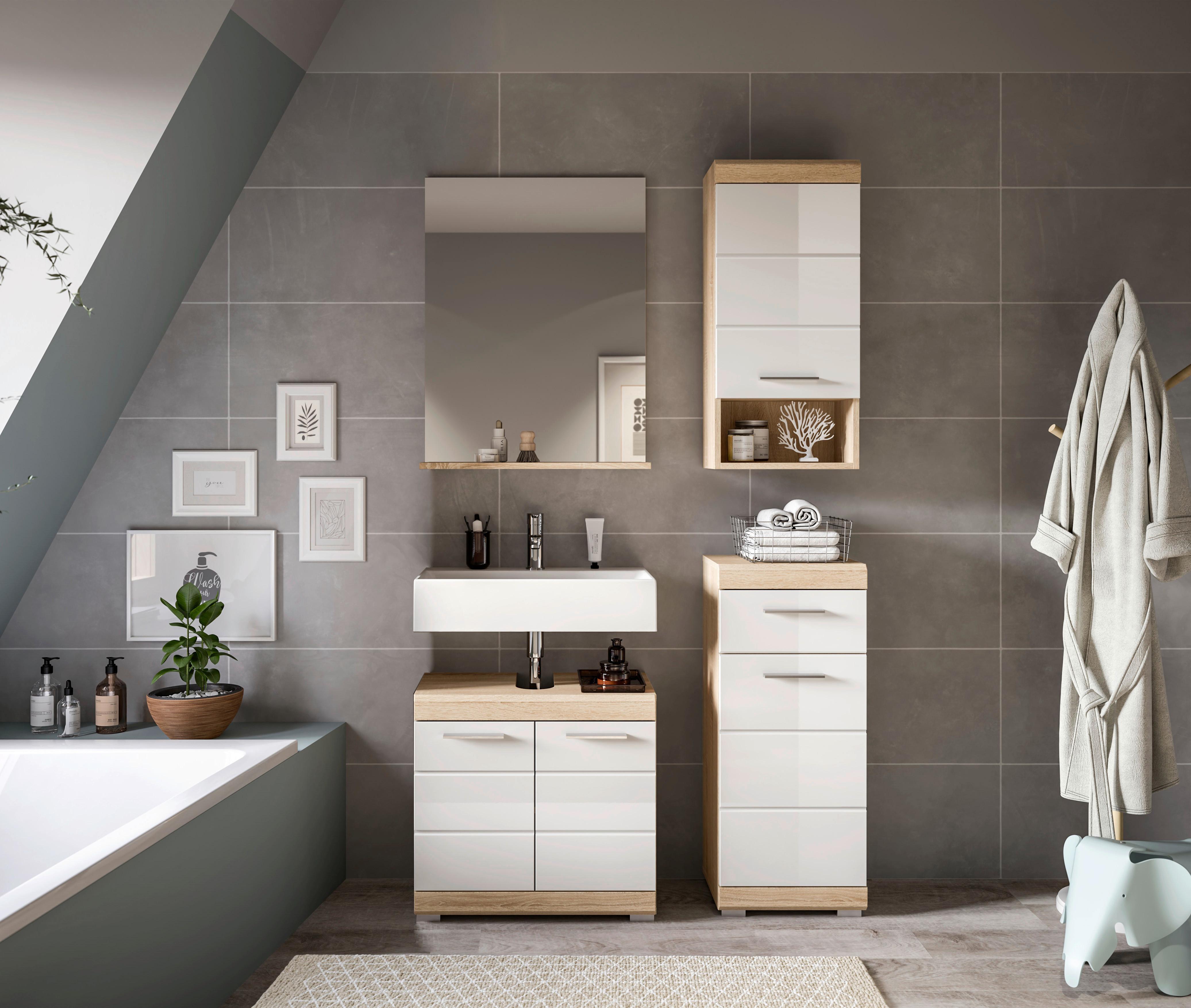 Badezimmer Lambada 4-tlg. ca. 97 cm Eiche/Weiß - Weiß Hochglanz/Silberfarben, MODERN, Glas/Holzwerkstoff (97cm) - MID.YOU