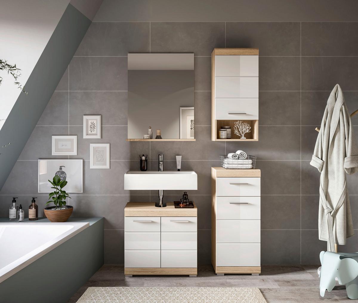 Badezimmer Lambada 4-tlg. ca. 97 cm Eiche/Weiß - Weiß Hochglanz/Silberfarben, MODERN, Glas/Holzwerkstoff (97cm) - MID.YOU