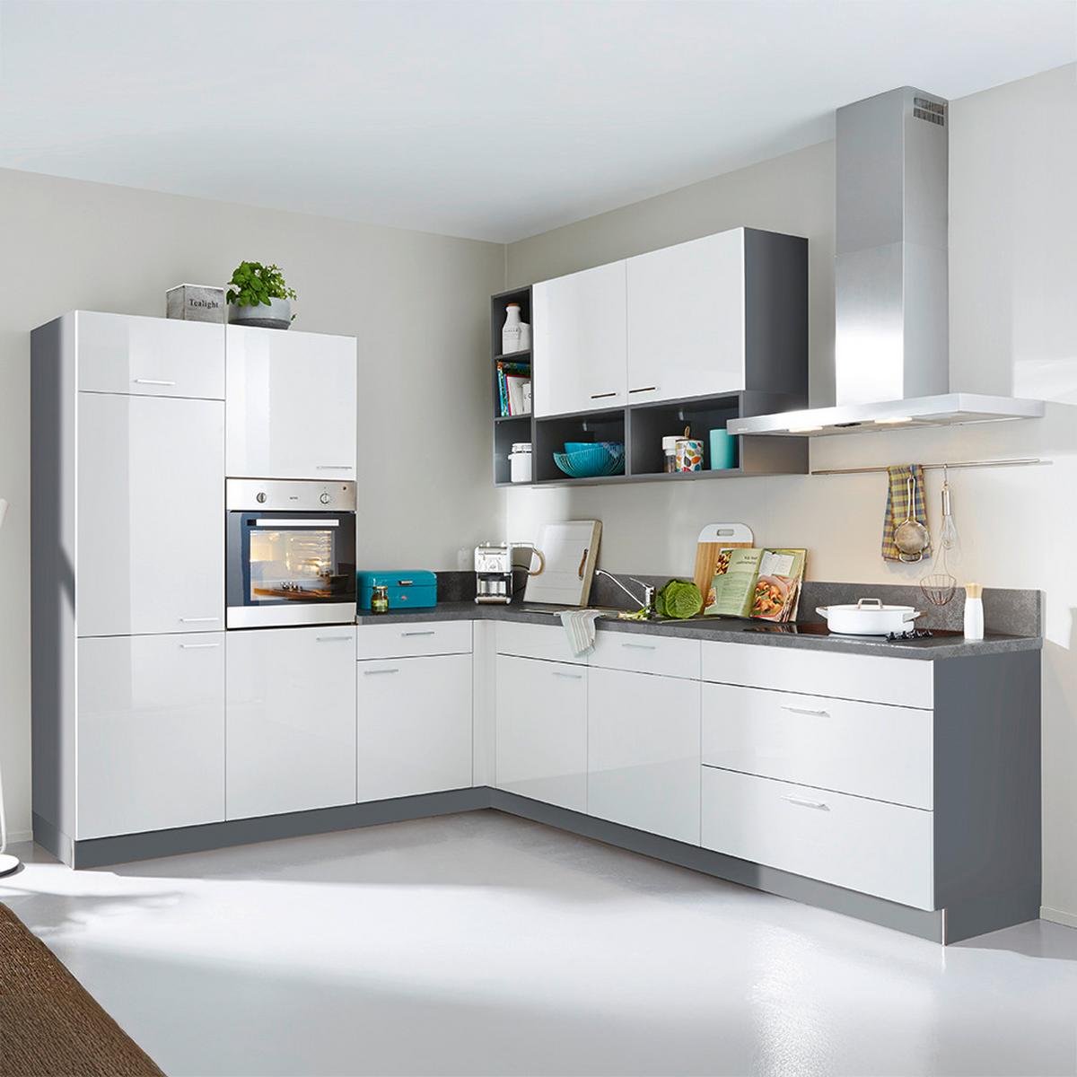 Eckküche Star o. Geräte ca. 245x275cm Weiß Hochglanz - Edelstahlfarben/Weiß Hochglanz, MODERN, Holzwerkstoff (245/275cm) - Express