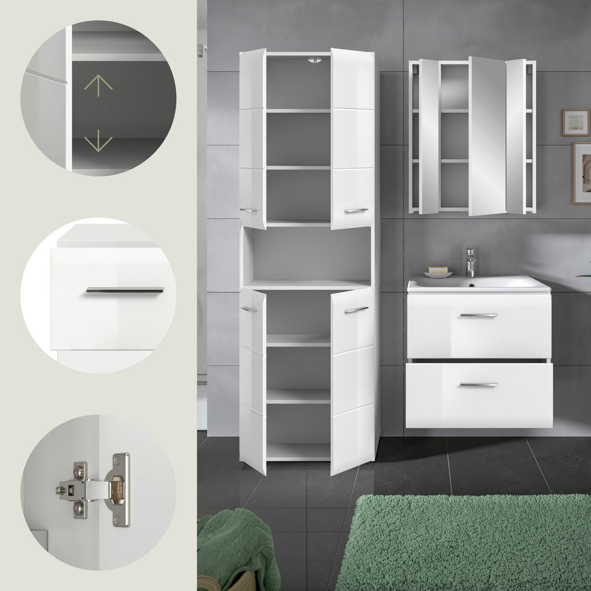 Badezimmer Ice 4-tlg. ca. 120 cm Weiß - Weiß Hochglanz/Silberfarben, MODERN, Keramik/Holzwerkstoff (120cm) - MID.YOU