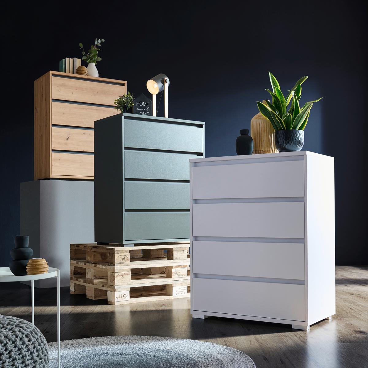 KOMODA LINE - kolor srebrny/biały, Design, materiał drewnopochodny/tworzywo sztuczne (80/103/48cm) - Carryhome