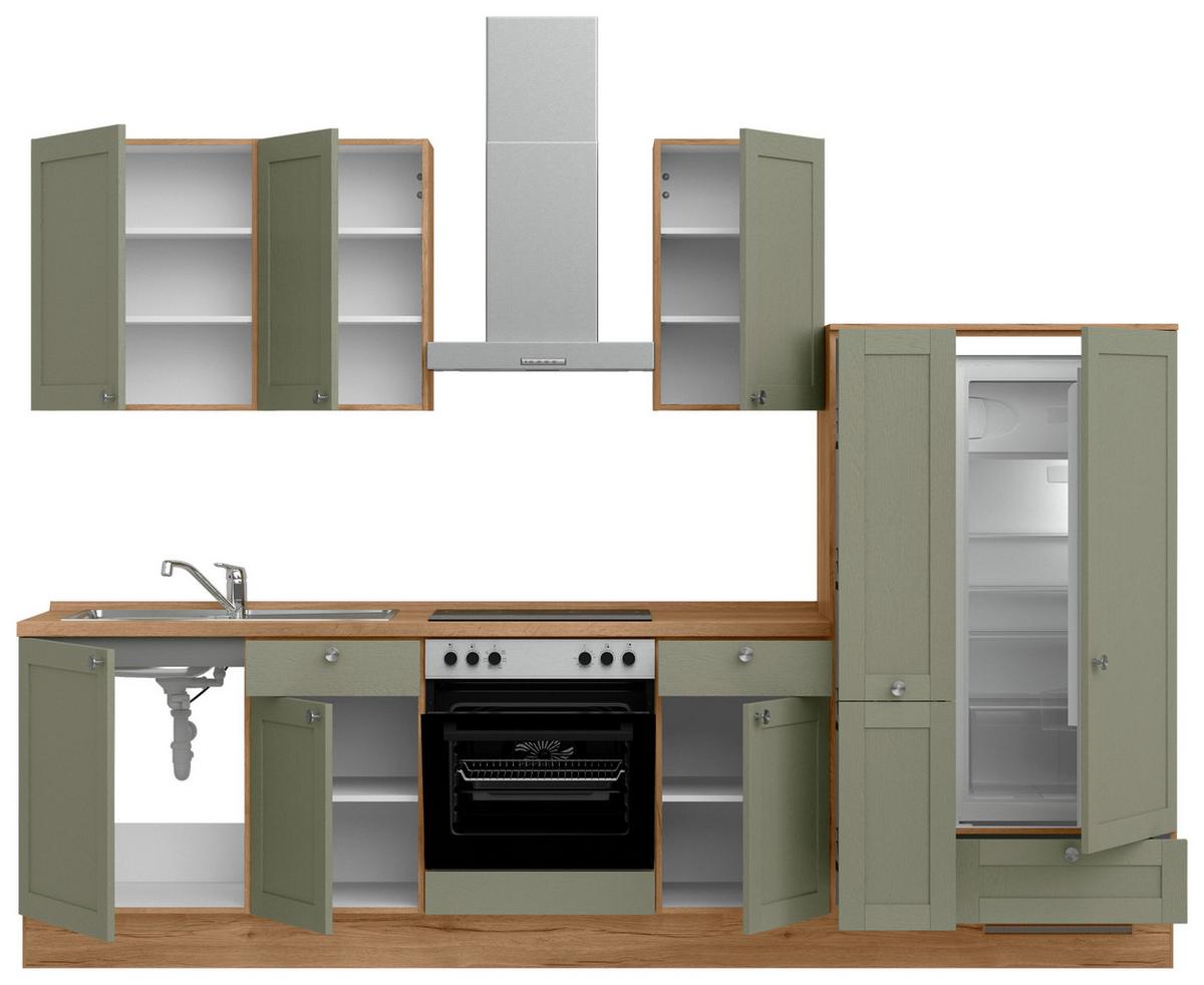 Küchenleerblock Frame Low o. Geräte Olivgrün - Edelstahlfarben/Eichefarben, MODERN, Holzwerkstoff/Metall (300cm) - Nobilia