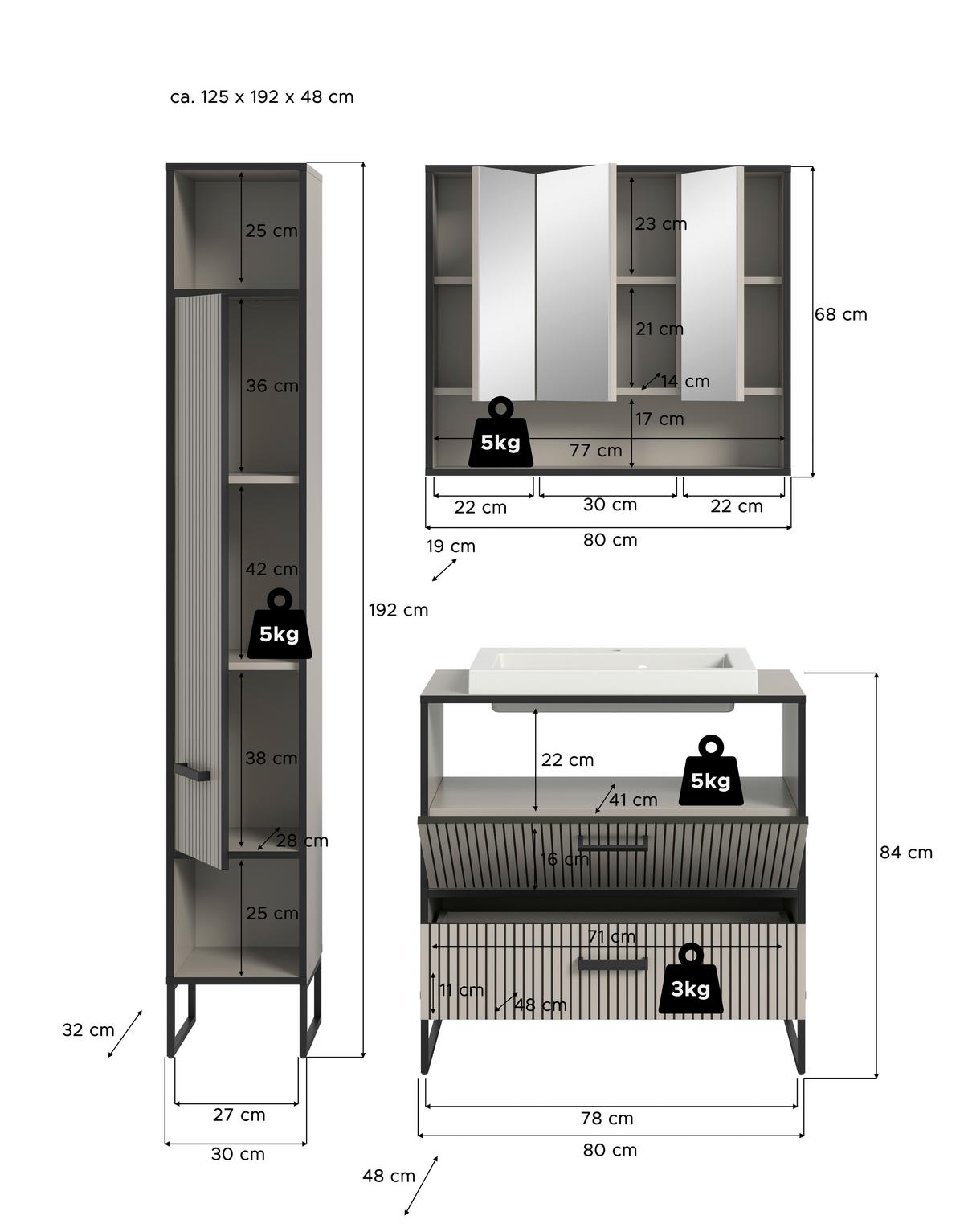 Badezimmer BAGNO 3-teilig ca.110cm Kaschmir - Kaschmir/Schwarz, MODERN, Holzwerkstoff/Metall (110cm) - MID.YOU
