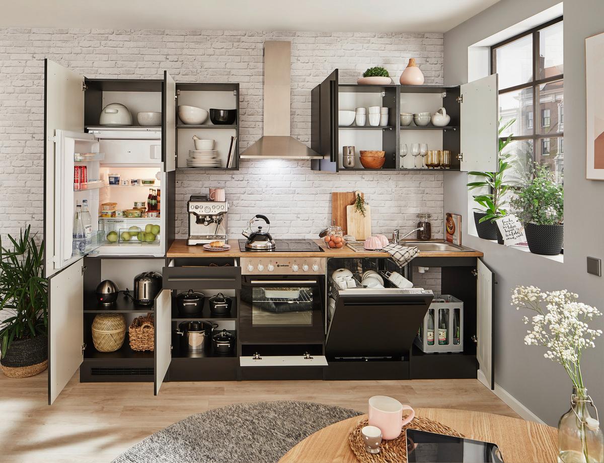Küchenblock Jazz mit Geräten ca.280cm Schwarz - Eichefarben/Schwarz, LIFESTYLE, Holzwerkstoff/Kunststoff (280cm) - P & B