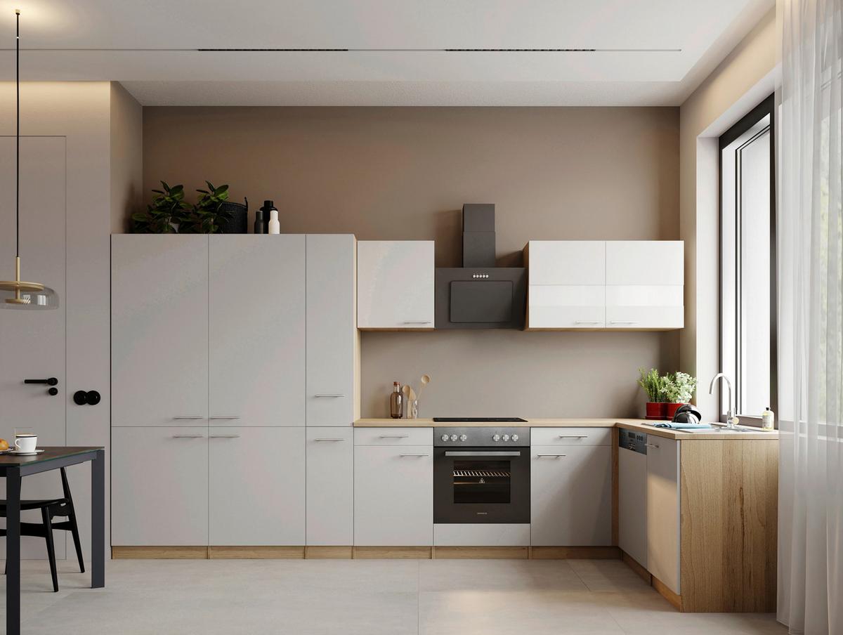Eckküche Merle m. Geräten ca. 370x172cm Weiß - Edelstahlfarben/Eichefarben, Trend, Holzwerkstoff/Metall (370/172cm) - Respekta