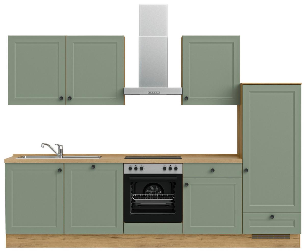 Küchenblock Cascada Low m. Geräten Schilfgrün - Schilfgrün/Eichefarben, MODERN, Holzwerkstoff/Metall (300cm) - Nobilia