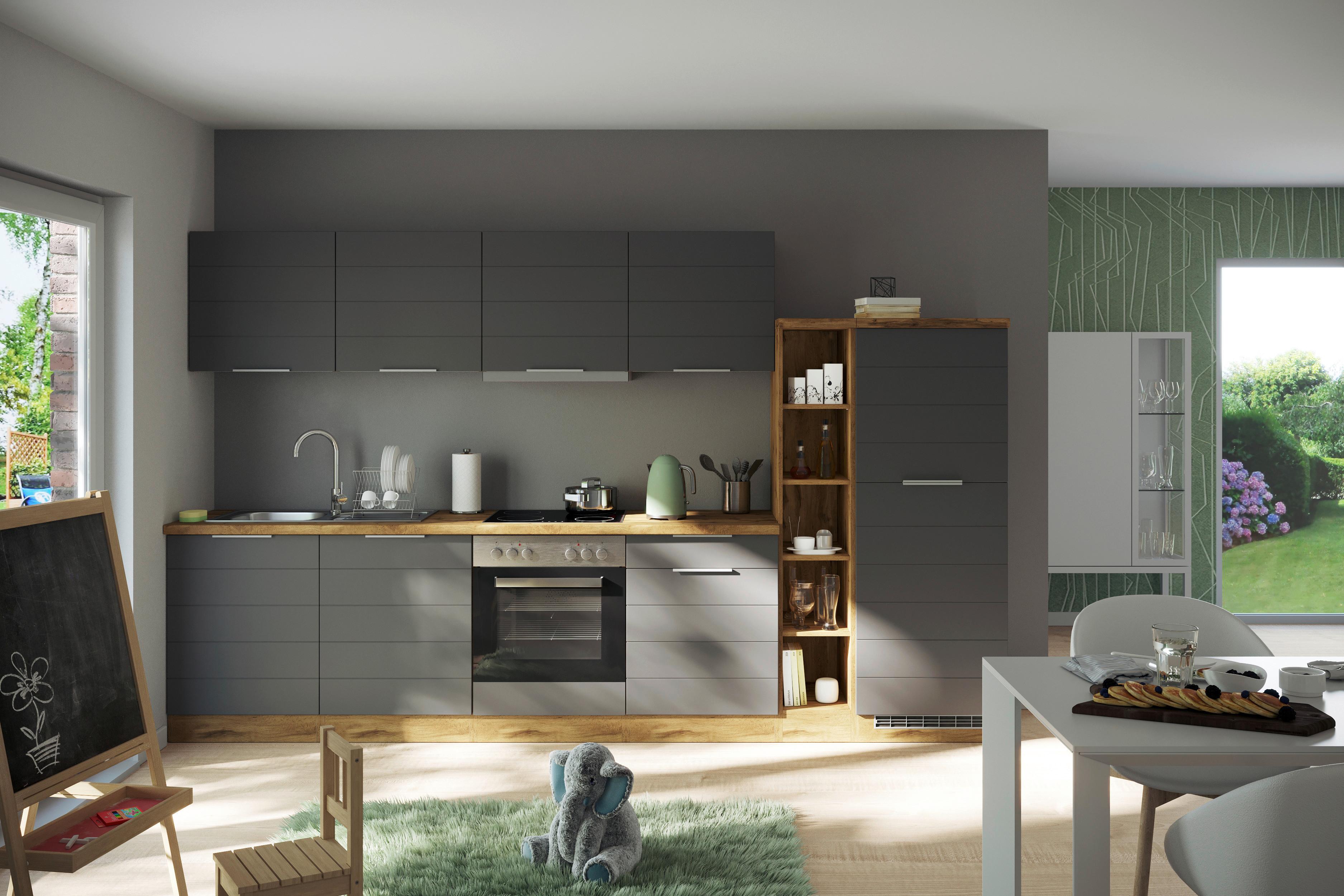 Küchenblock Florenz ohne Geräte ca. 330 cm Grau/Eiche - Eiche Wotan/Grau, Design, Holzwerkstoff/Metall (330cm) - Held