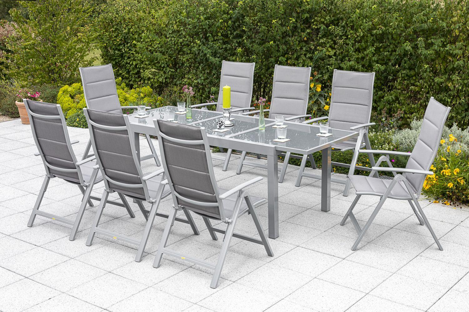 Gartengarnitur 9-tlg. Taviano Metall/Textil/Glas - Silberfarben/Braun, ROMANTIK / LANDHAUS, Glas/Textil - Gardenson