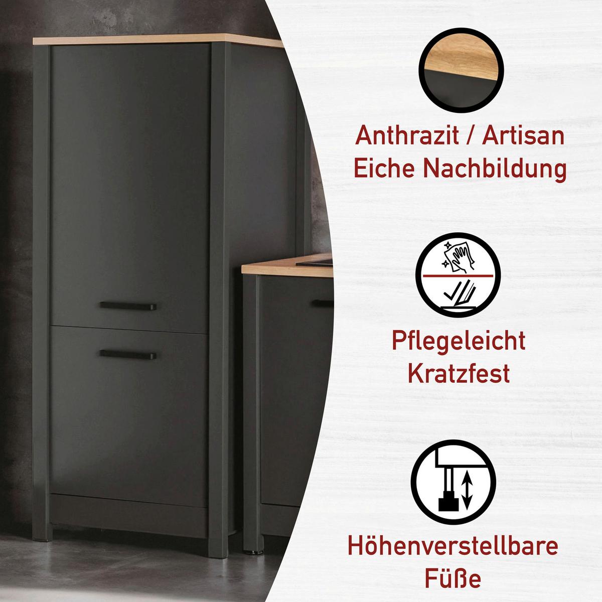 Küchenleerblock Bundle 7 o. Geräte Anthrazit - Anthrazit/Schwarz, MODERN, Glas/Holzwerkstoff (370cm) - home24