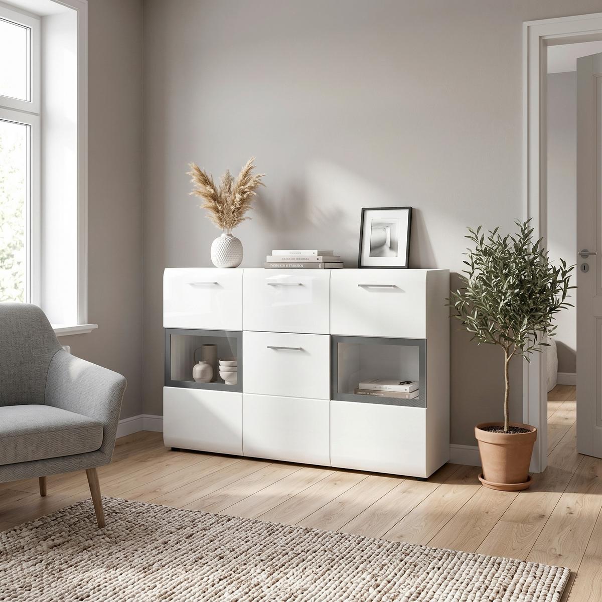 Tálalószekrény Ice - ezüstszínű/fehér, Design, műanyag/faalapú anyag (125/81/37cm) - Livetastic