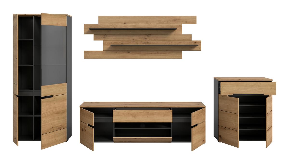 Dnevni Regal Canu, Siva, Barva Hrasta, 4-Delni - črna/hrast artisan, Design, umetna masa/leseni material (375/190/44cm) - Livetastic
