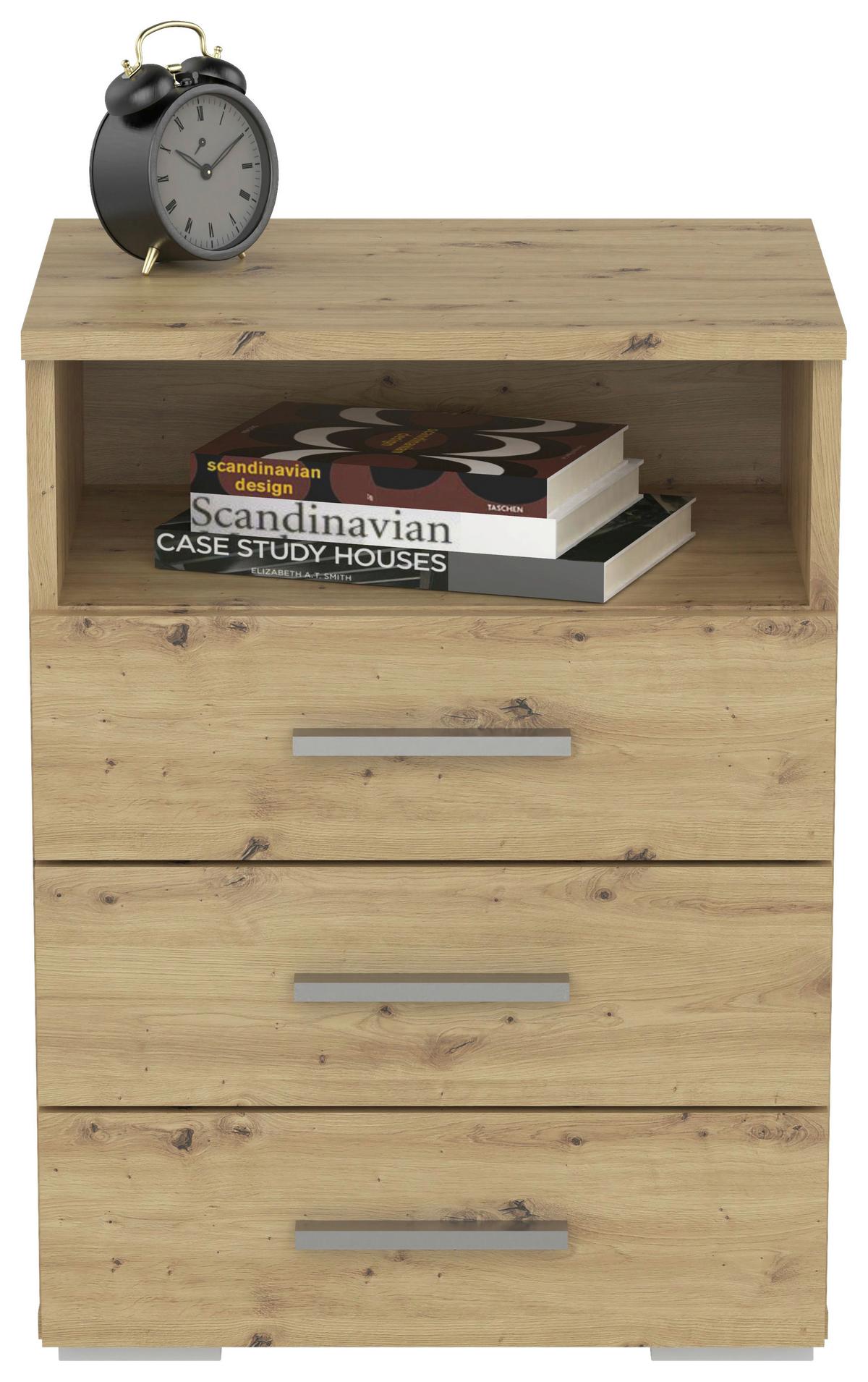 SZAFKA NOCNA BASE 3 - kolor dębowy/kolor aluminiowy, Konventionell, materiał drewnopochodny/tworzywo sztuczne (45/62/35cm) - Carryhome