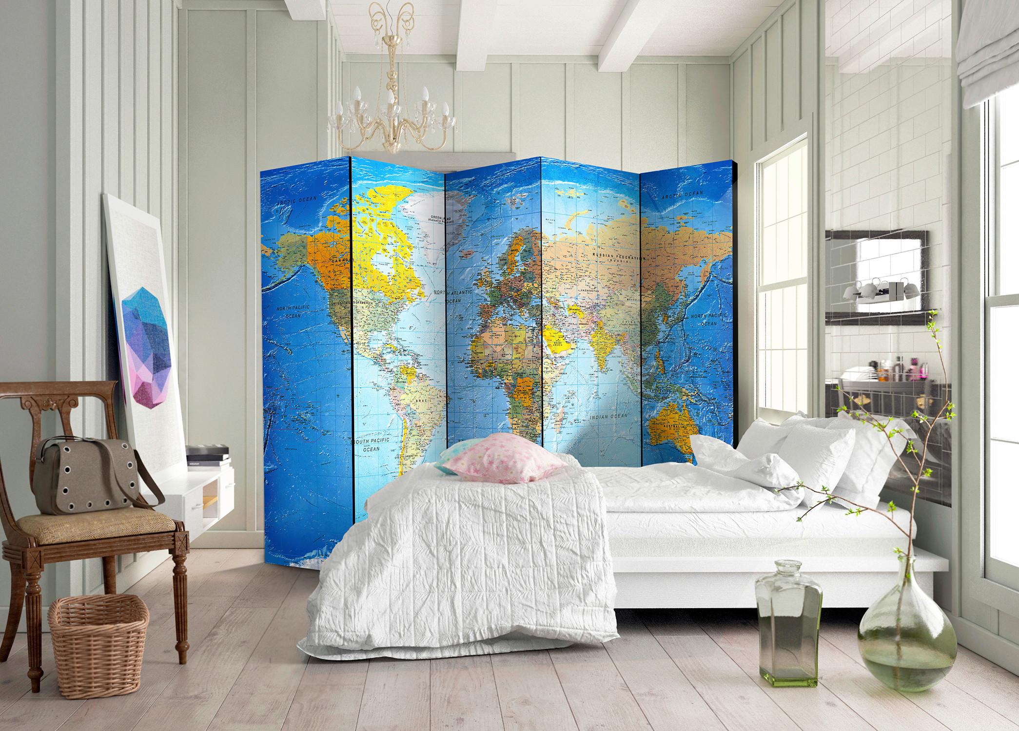 Paravan Classic World Map, 5-Delni, Akustičen - modra/rumena, Basics, umetna masa/tekstil (225/172/3cm) - artgeist