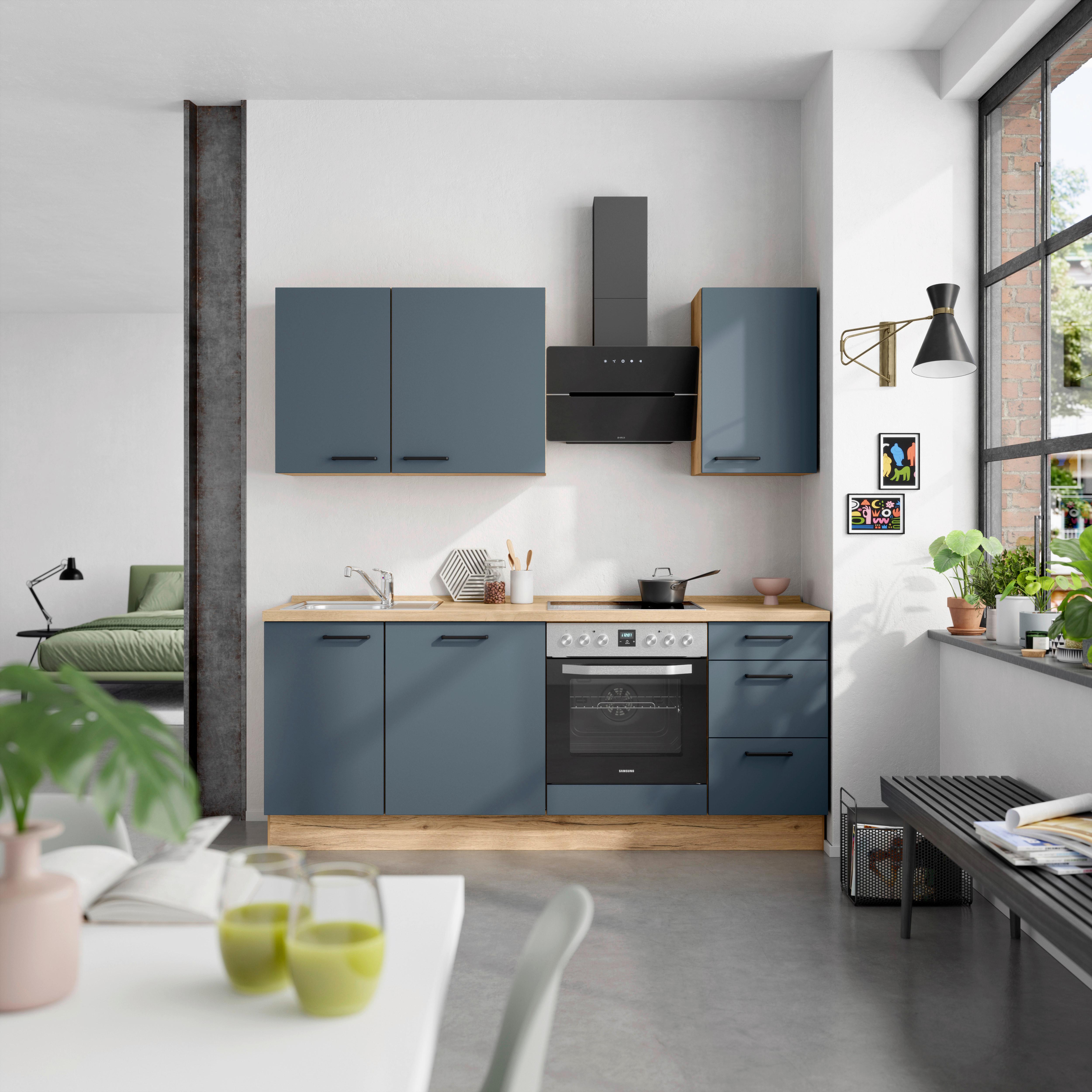 Küchenblock Easytouch High m. Geräten Dunkelblau - Eichefarben/Schwarz, MODERN, Holzwerkstoff/Metall (210cm) - Nobilia