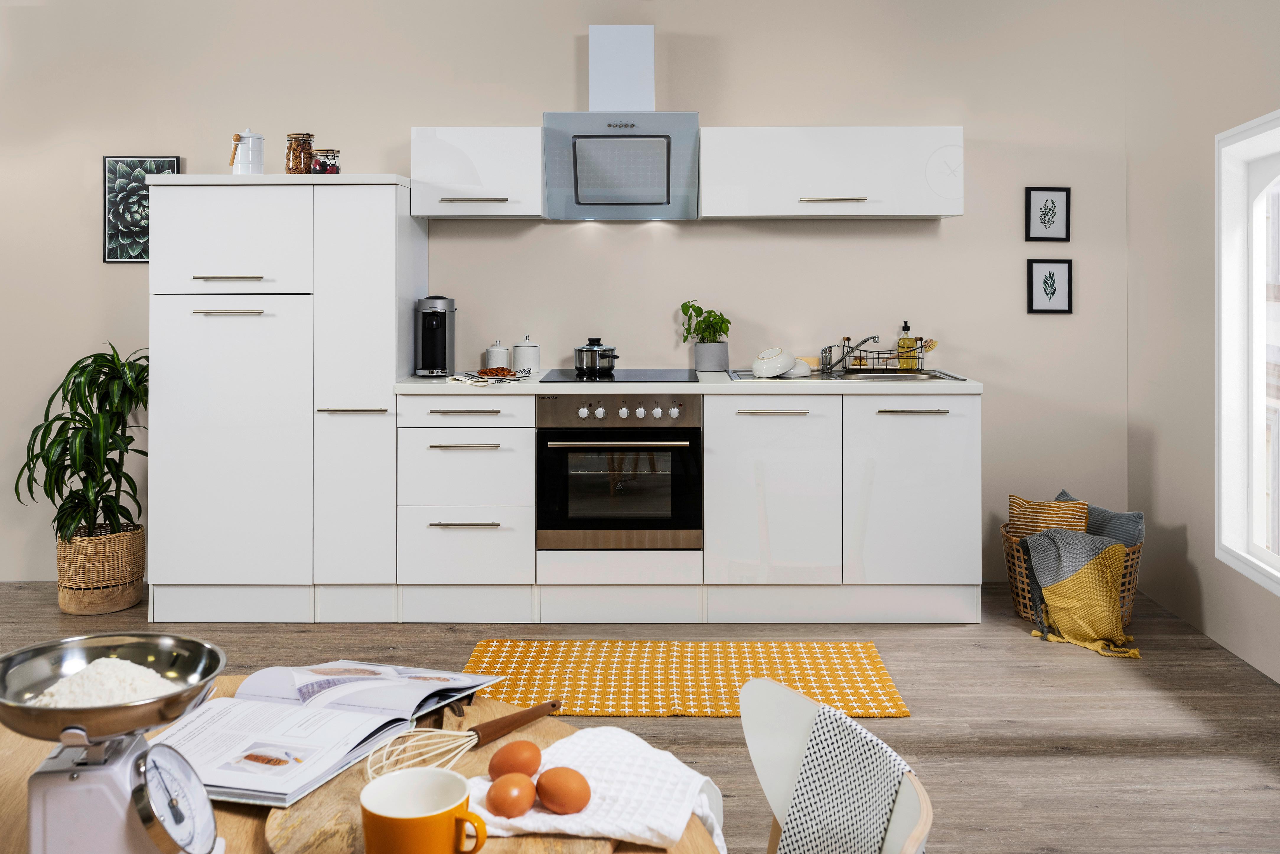 Küchenzeile mit Geräten Weiß B: ca. 300 cm - Edelstahlfarben/Weiß, KONVENTIONELL, Holzwerkstoff/Metall (300cm) - Respekta