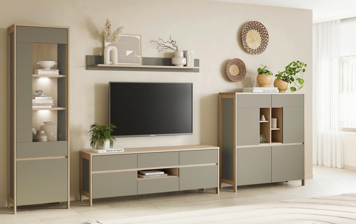 Wohnwand Stranda Eukalyptusholzfarben - Eukalyptusholzfarben/Eichefarben, Design, Holzwerkstoff (363/195/39cm) - MID.YOU