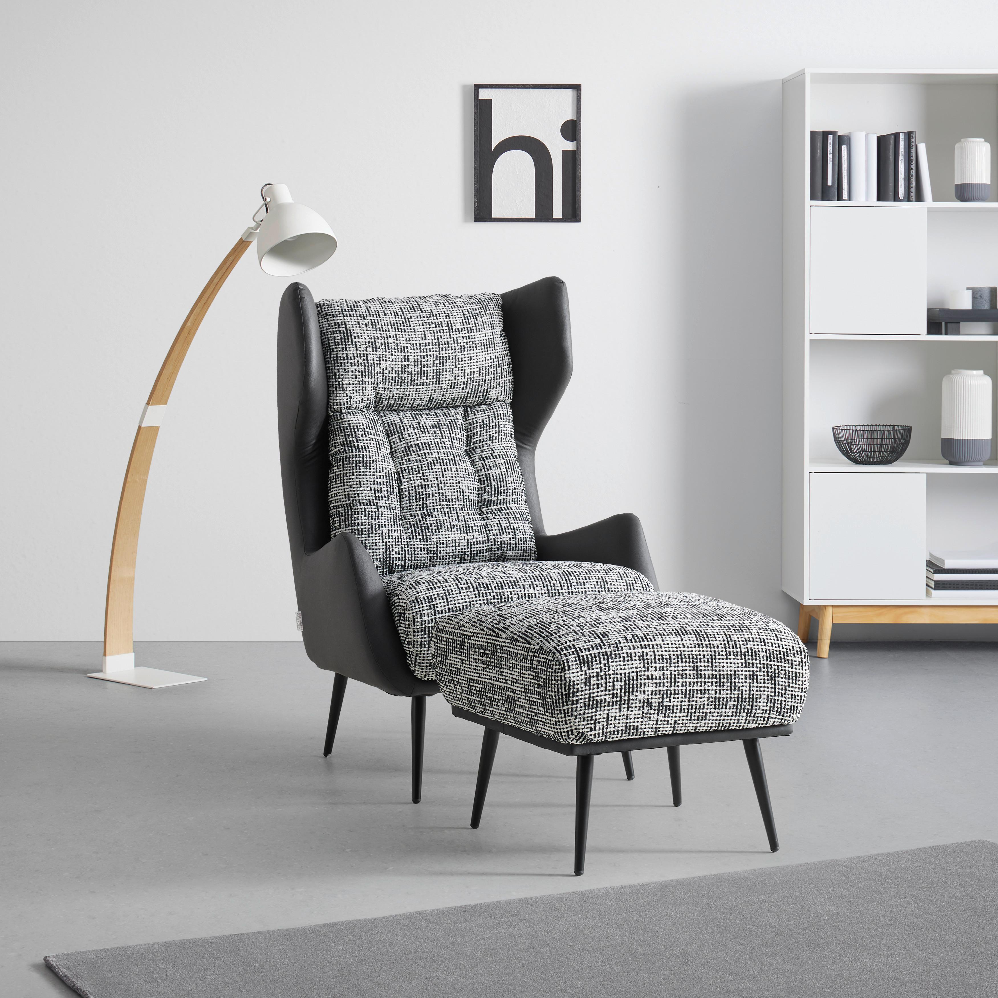 Ohrensessel Somy Chenille/Lederlook - Schwarz/Weiß, MODERN, Textil/Metall (75/111/83cm) - Premium Living