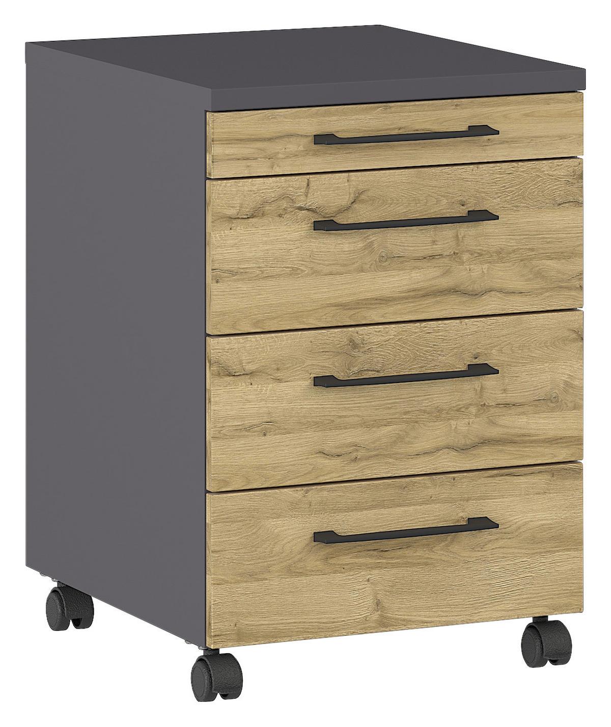 ROLLCONTAINER GW-PROFI 2.0 - Eichefarben/Schwarz, KONVENTIONELL, Holzwerkstoff/Kunststoff (42/61/49cm) - Germania