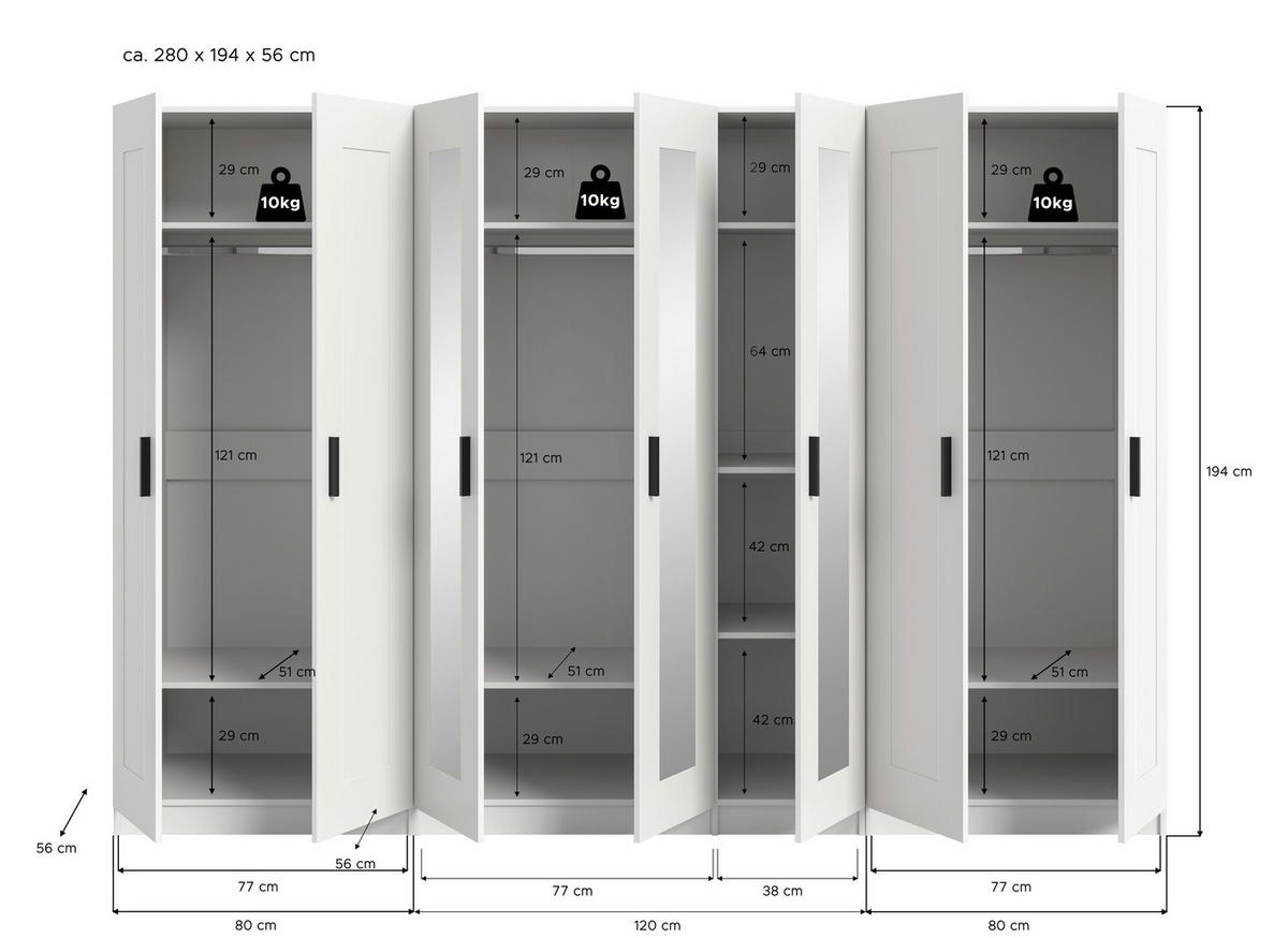 Drehtürenschrank Visby Weiß - Schwarz/Weiß, ROMANTIK / LANDHAUS, Holzwerkstoff/Kunststoff (280/194/56cm) - Livetastic