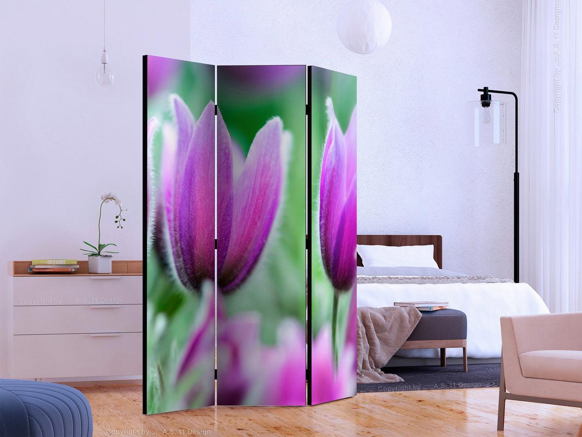 Paravan Purple Spring Tulips, 3-Delni, Dvostranski - vijolična/zelena, Basics, tekstil/les (135/172/3cm) - artgeist