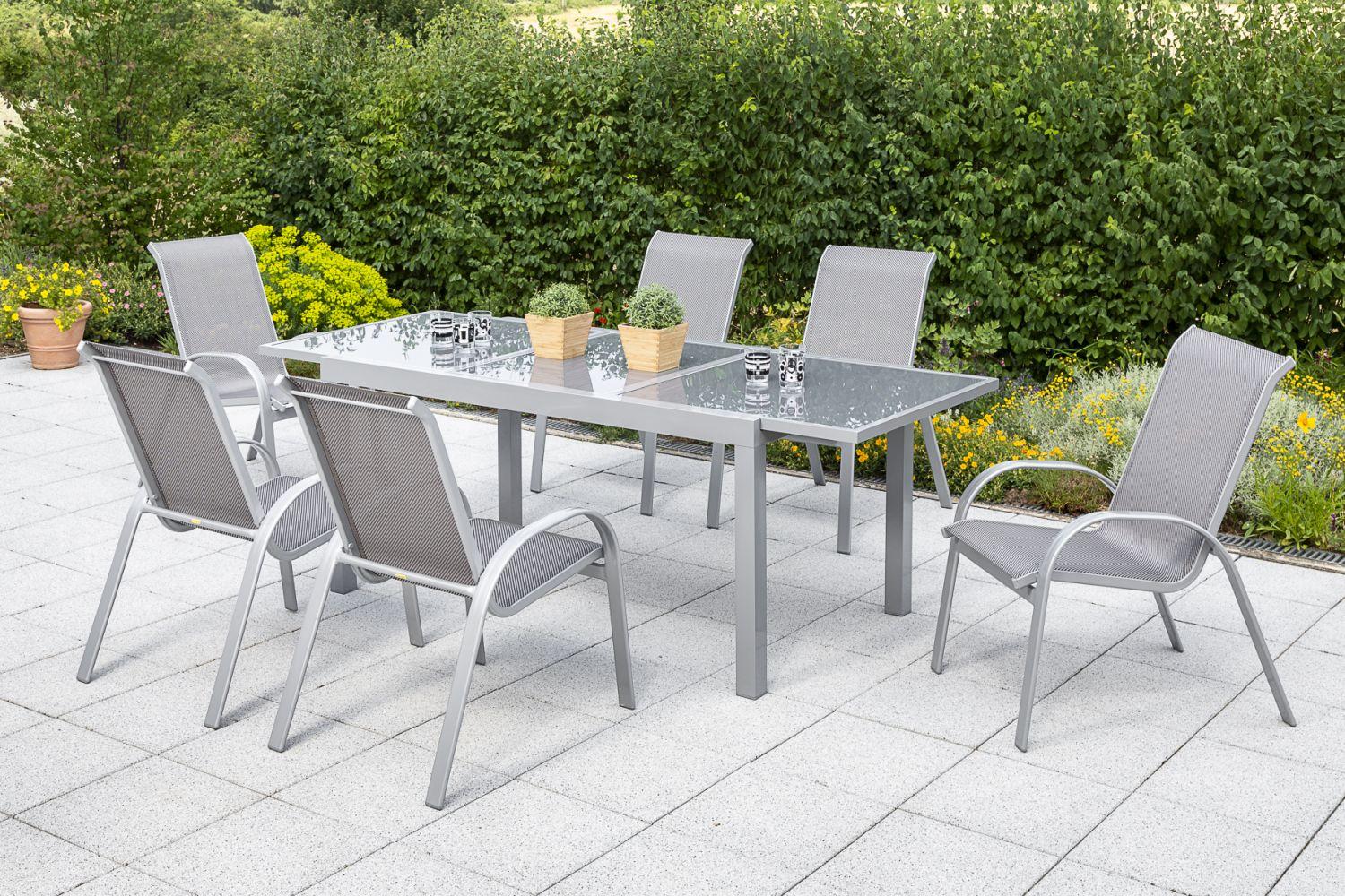 Gartensessel 2er-Set stapelbar Amalfi Metall/Textil - Silberfarben/Braun, KONVENTIONELL, Textil/Metall (56/97/76cm) - Gardenson