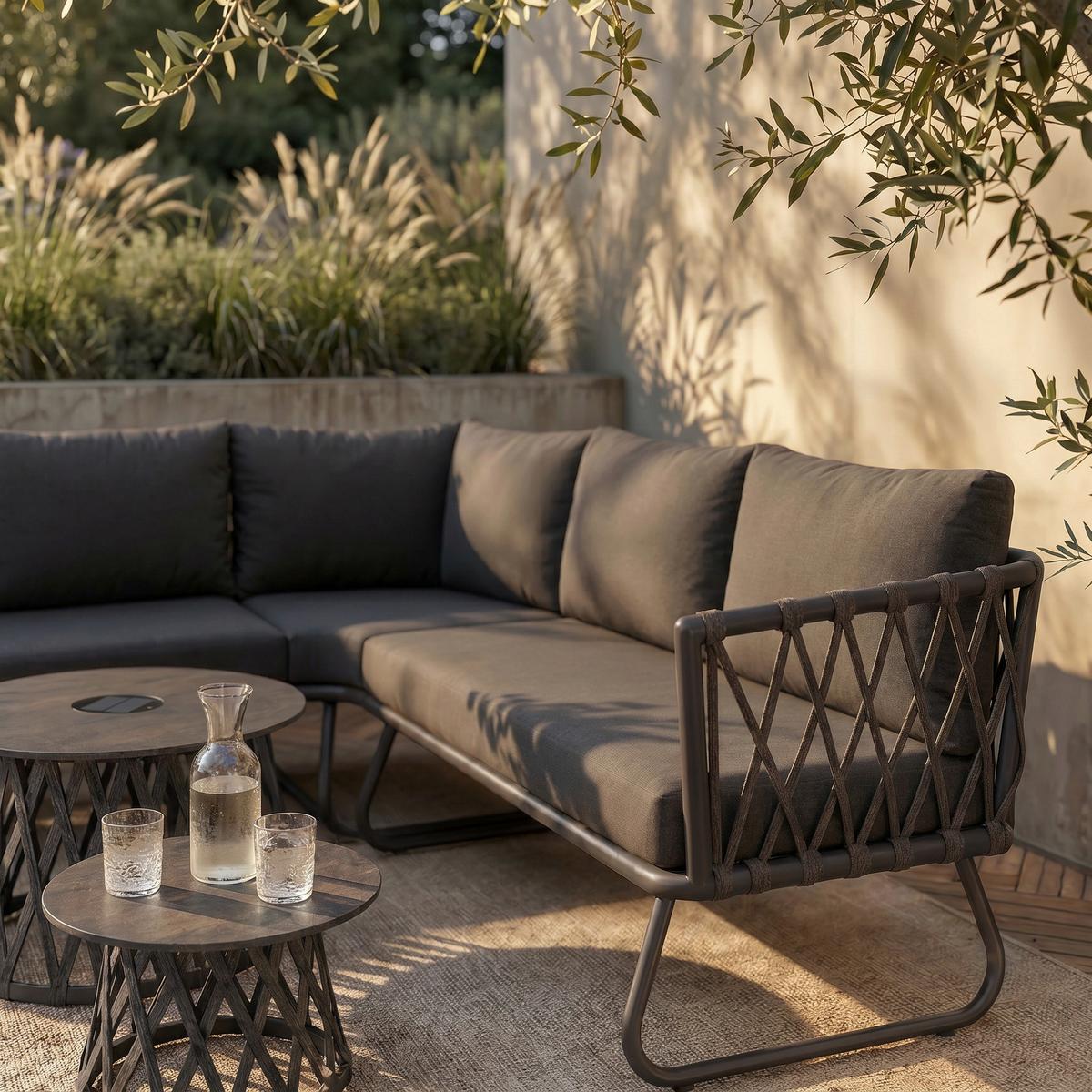 Gartenlounge Elea Dunkelgrau Metall/textil Inkl. Abdeckung - Dunkelgrau/Anthrazit, Modern, Textil/Stein (234/74/77cm) - Bessagi Garden