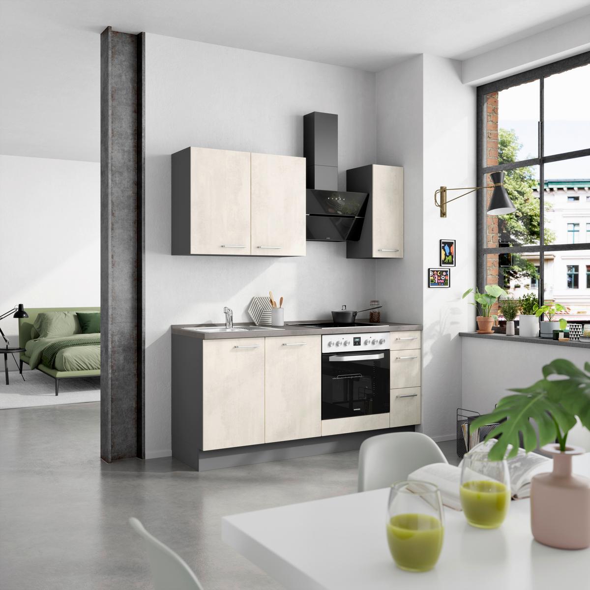 Küchenblock Riva High m. Geräten Weiß - Schieferfarben/Edelstahlfarben, MODERN, Holzwerkstoff/Metall (180cm) - Nobilia