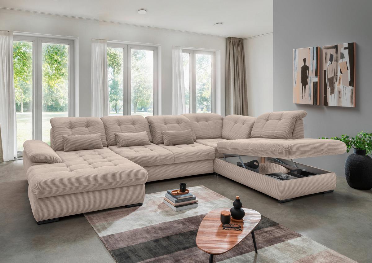 Wohnlandschaft Rigatti Beige Cord mit Bettkasten - Beige/Schwarz, MODERN, Textil/Metall (184/387/252cm) - Livetastic