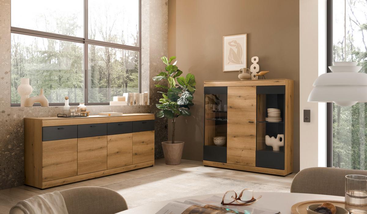 WOHNWAND SOLETO - Eichefarben/Graphitfarben, Design, Glas/Holzwerkstoff - MID.YOU