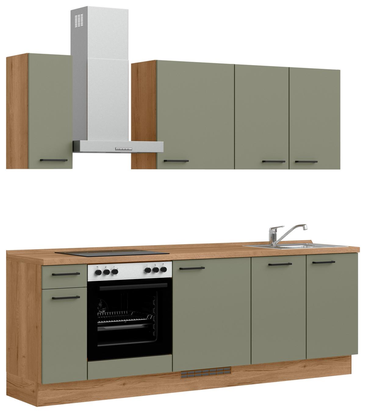Küchenblock Senso Low m. Geräten Olivgrün - Eichefarben/Schwarz, MODERN, Holzwerkstoff/Metall (240cm) - Nobilia
