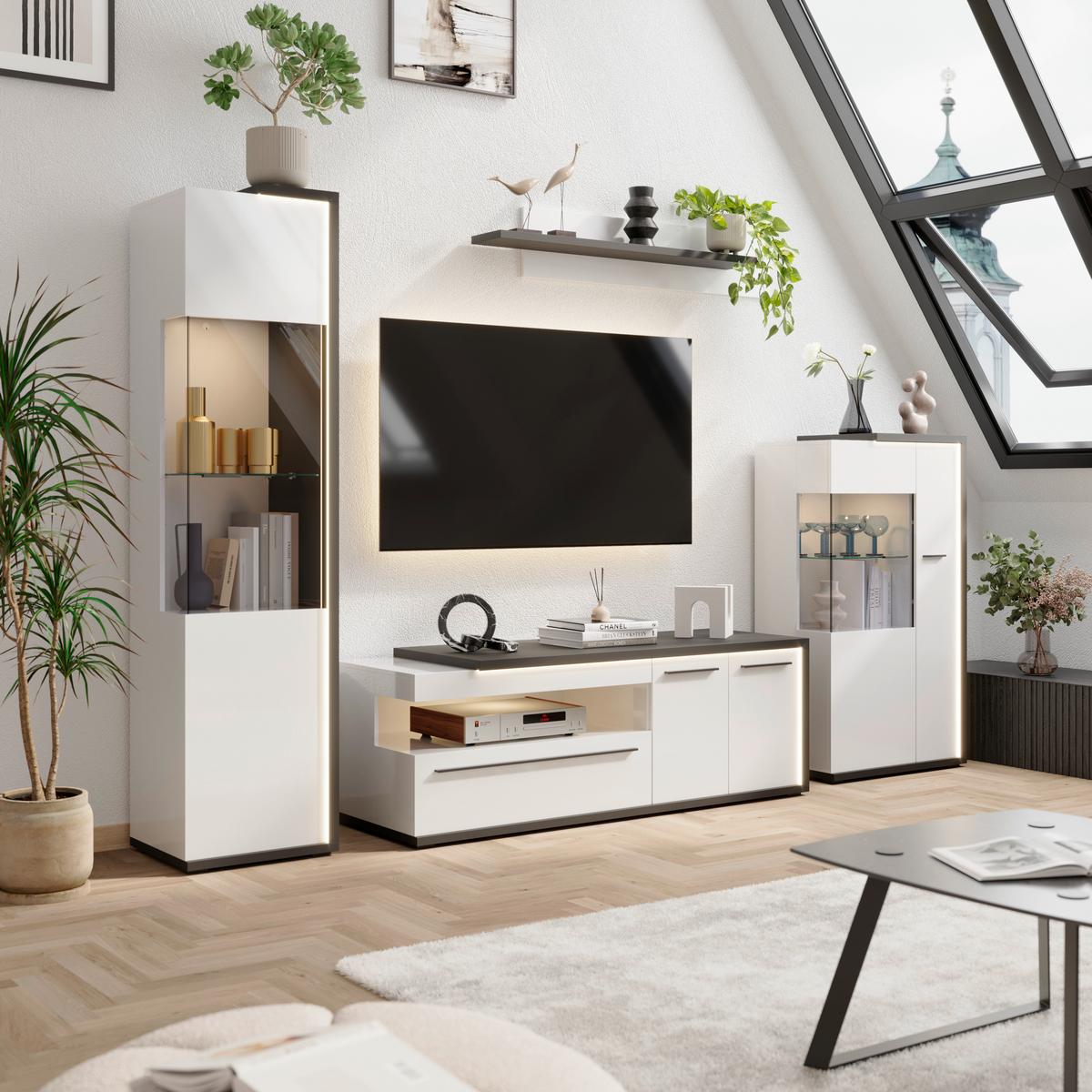 Vitrina Ambiente Plus - bijela/bijela visoki sjaj, Moderno, staklo/drvni materijal (48,5/199,1/43,6cm) - Modern Living