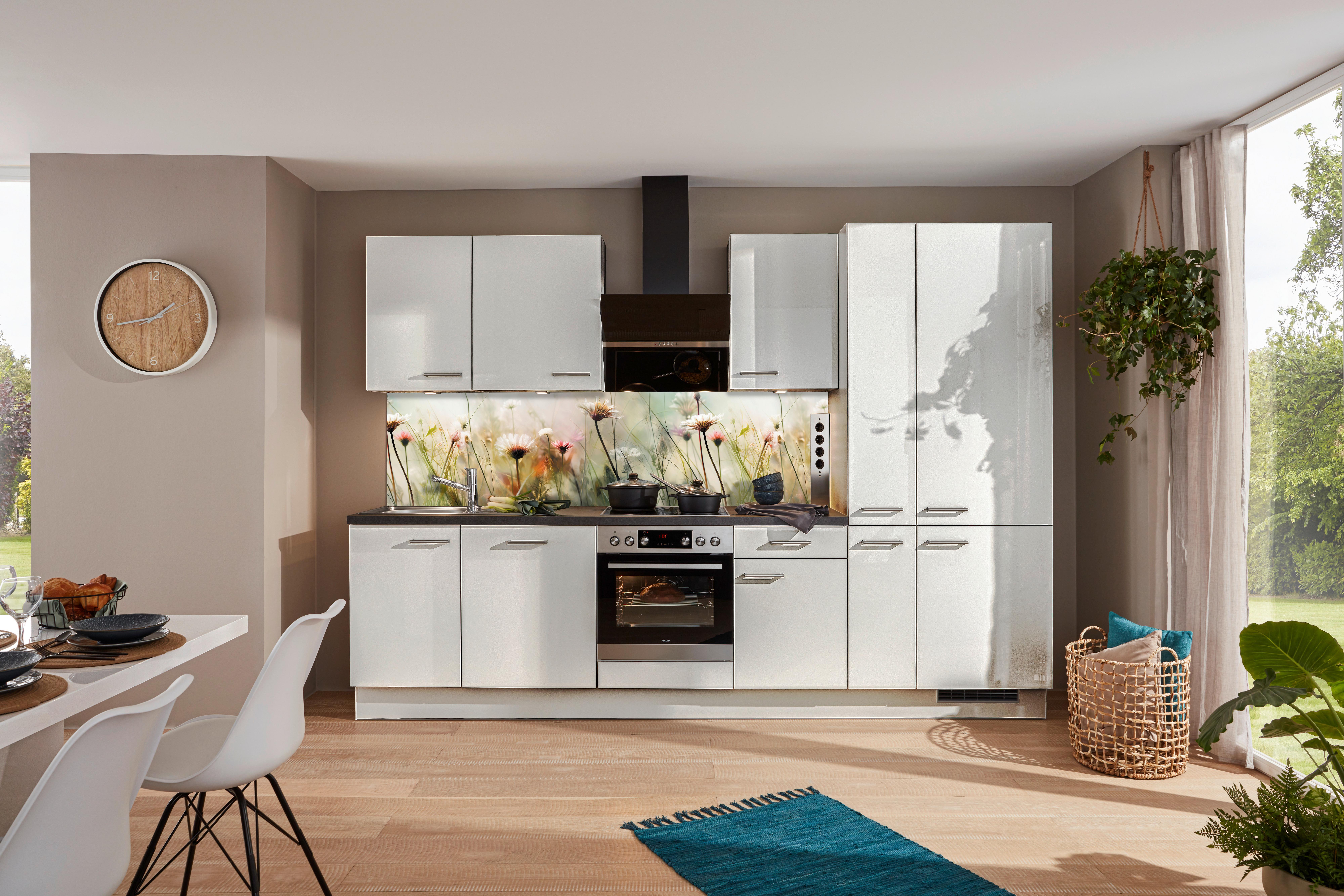 Küchenblock IP4050 o. Geräte Weiß Hochglanz - Edelstahlfarben/Weiß Hochglanz, MODERN, Holzwerkstoff/Metall (310cm) - Impuls