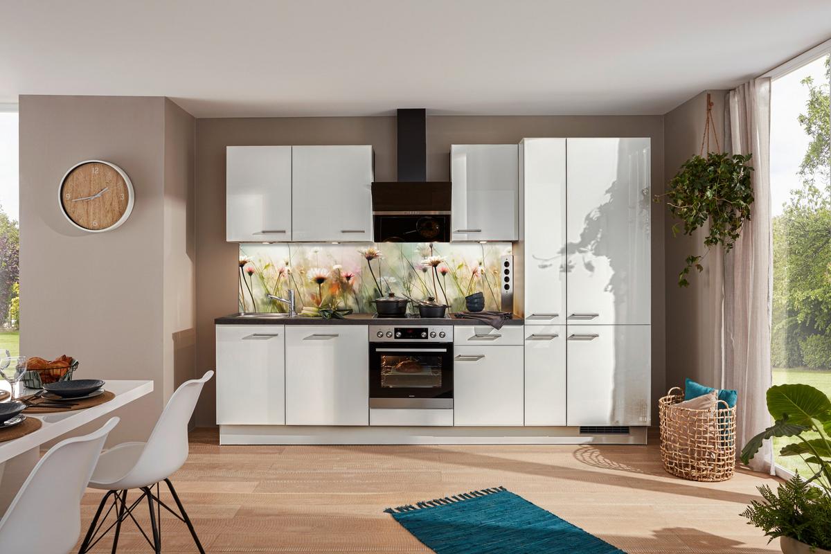 Küchenblock IP4050 o. Geräte Weiß Hochglanz - Edelstahlfarben/Weiß Hochglanz, MODERN, Holzwerkstoff/Metall (310cm) - Impuls