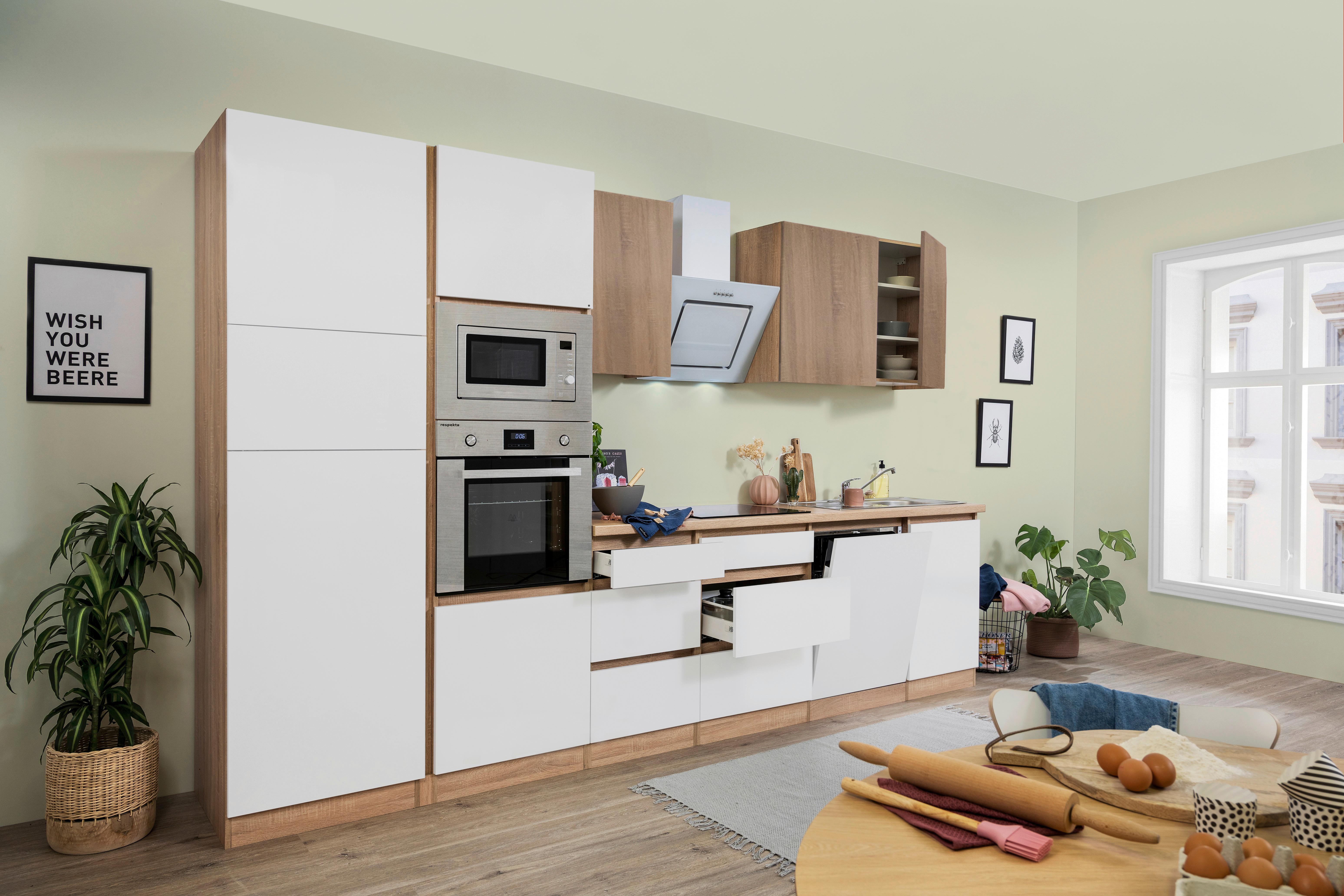 Küchenzeile Premium m. Geräte Weiß/Eiche B: ca. 345 cm - Eichefarben/Weiß Hochglanz, Basics, Holzwerkstoff (345cm) - Respekta