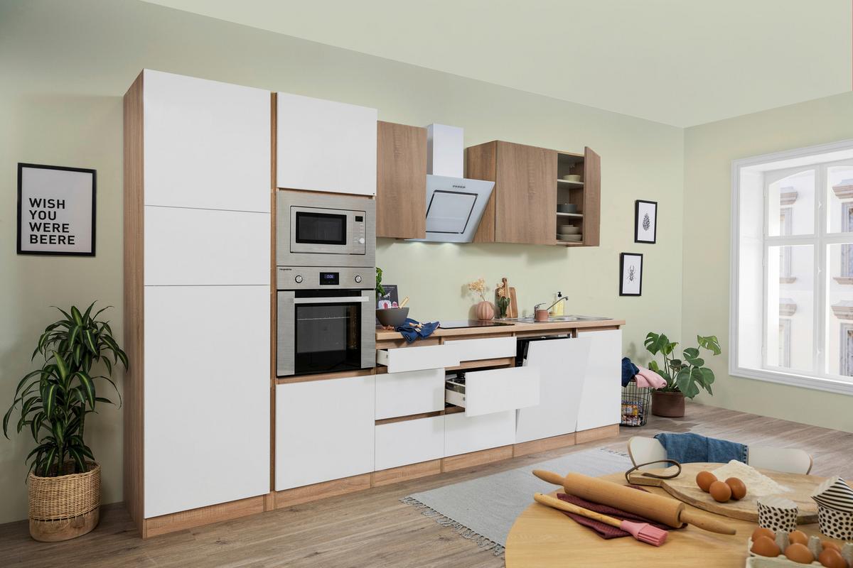Küchenzeile Premium m. Geräte Weiß/Eiche B: ca. 345 cm - Eichefarben/Weiß Hochglanz, Basics, Holzwerkstoff (345cm) - Respekta