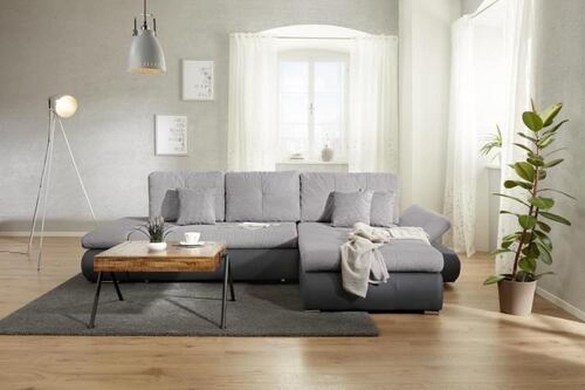 Wohnlandschaft in Grau mit Bettfunktion - Schwarz/Grau, MODERN, Textil (303/185cm) - Based