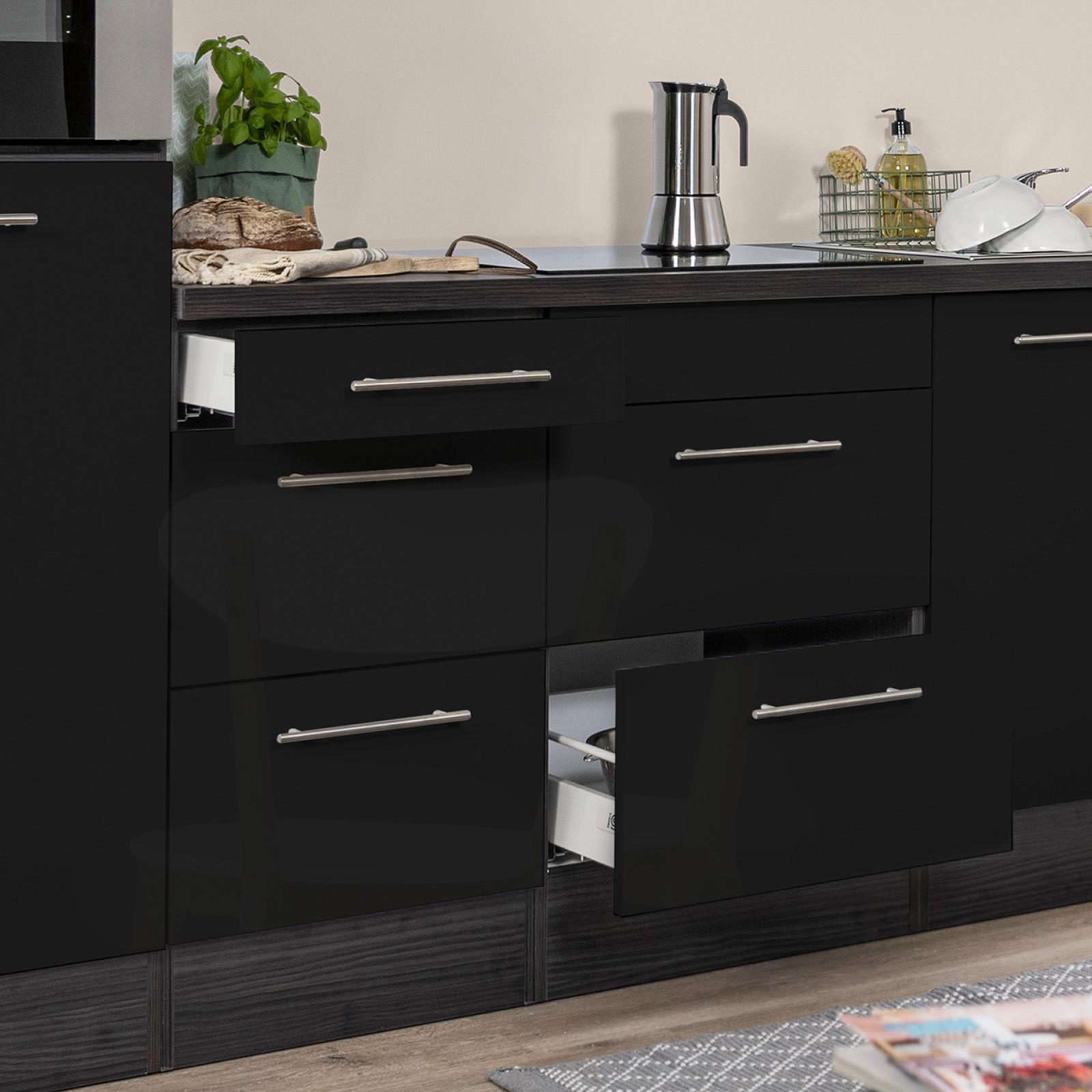 Küchenzeile mit Geräte Schwarz Hochglanz B: ca. 270 cm - Edelstahlfarben/Eichefarben, Basics, Holzwerkstoff/Metall (270cm) - Respekta