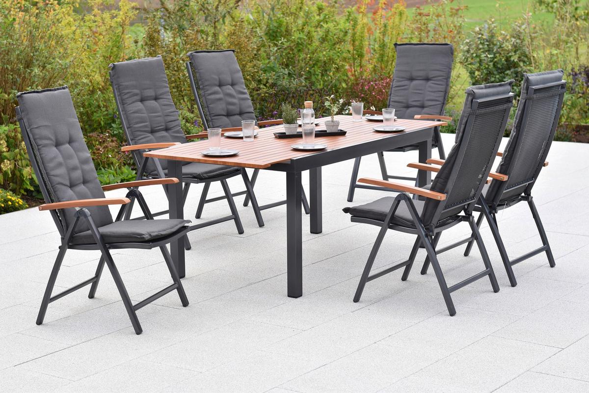 Gartentischgruppe Thasos 13-tlg. Graphitfarben - Graphitfarben/Naturfarben, KONVENTIONELL, Textil/Metall - Gardenson