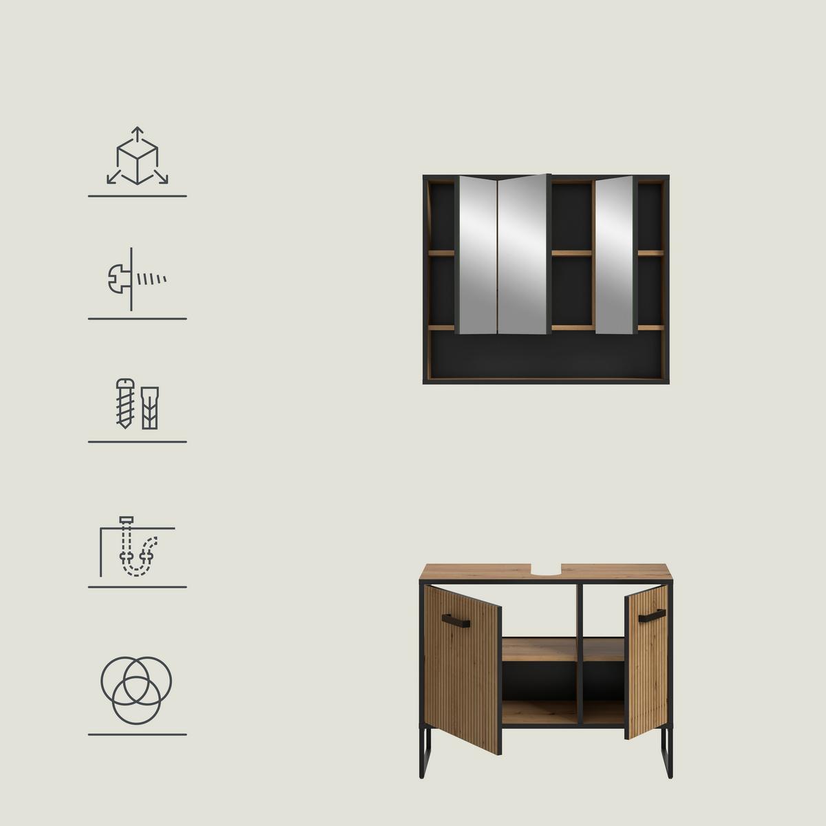 Badezimmer Bagno 2-tlg. Eiche Artisan/Schwarz - Schwarz/Eiche Artisan, Trend, Holzwerkstoff/Kunststoff (80cm) - MID.YOU
