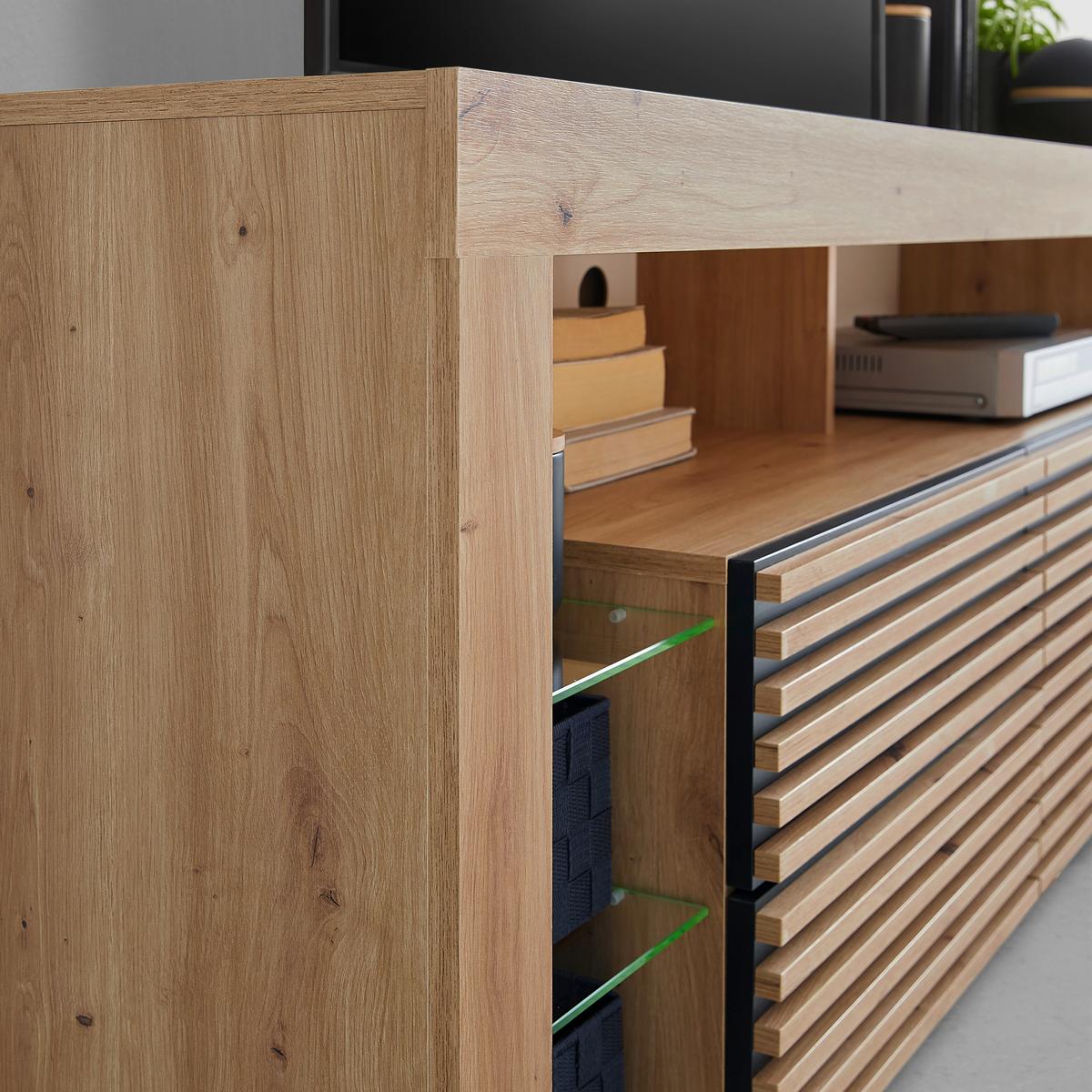 Lowboard Goal 2.0 Eiche Artisan - Schwarz/Eiche Artisan, Modern, Glas/Holzwerkstoff (180/67/44cm) - Mömax