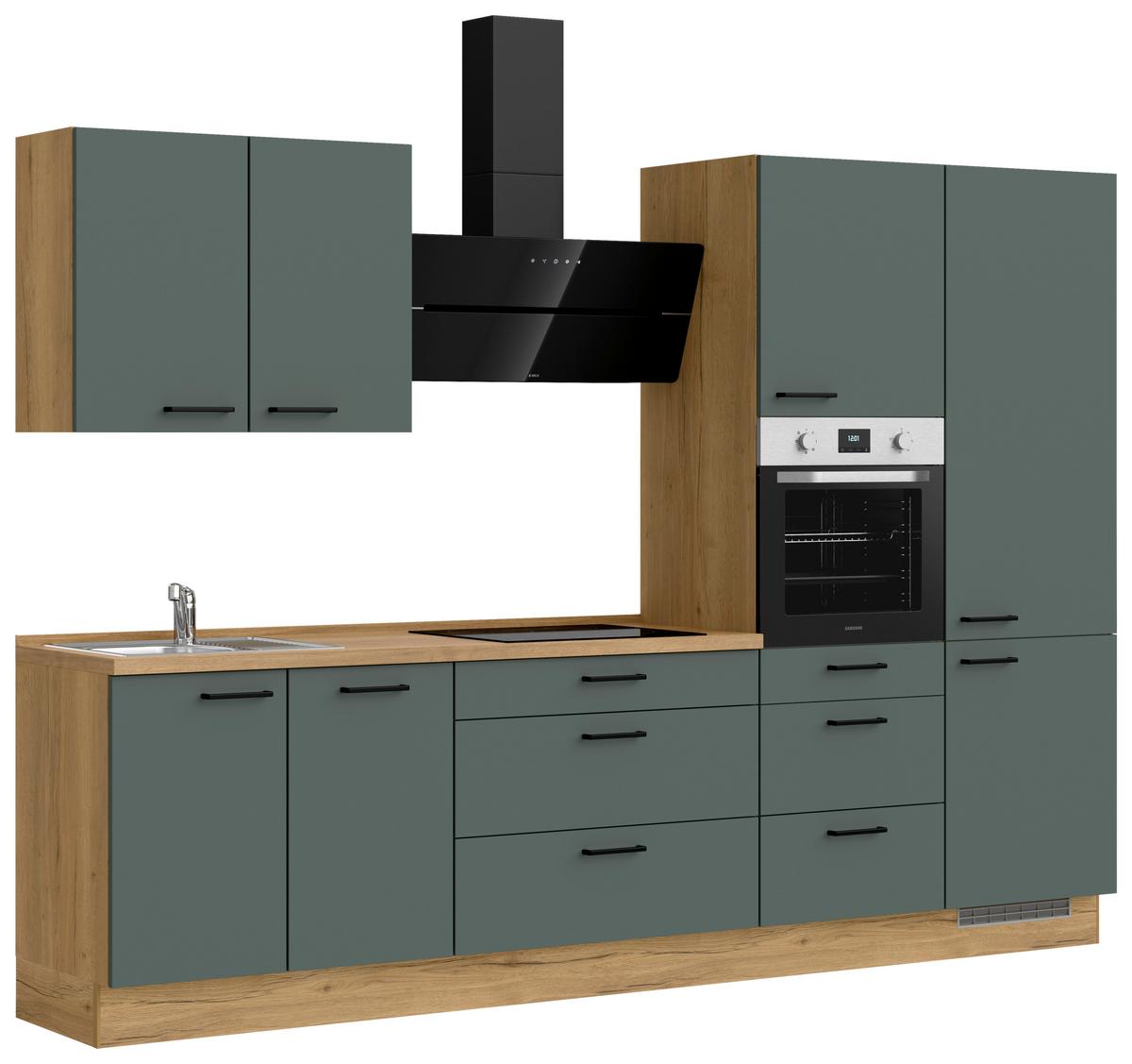 Küchenblock Easytouch High m. Geräten Dunkelgrün - Dunkelgrün/Eichefarben, MODERN, Holzwerkstoff/Metall (300cm) - Nobilia