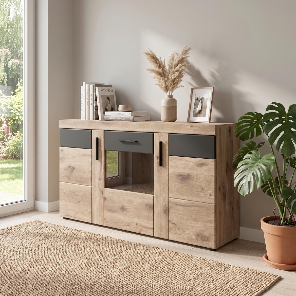 Comodă Cu Uși Grano - gri închis/culoare lemn stejar, Trend, sticlă/material pe bază de lemn (157/86/40,9cm) - Modern Living