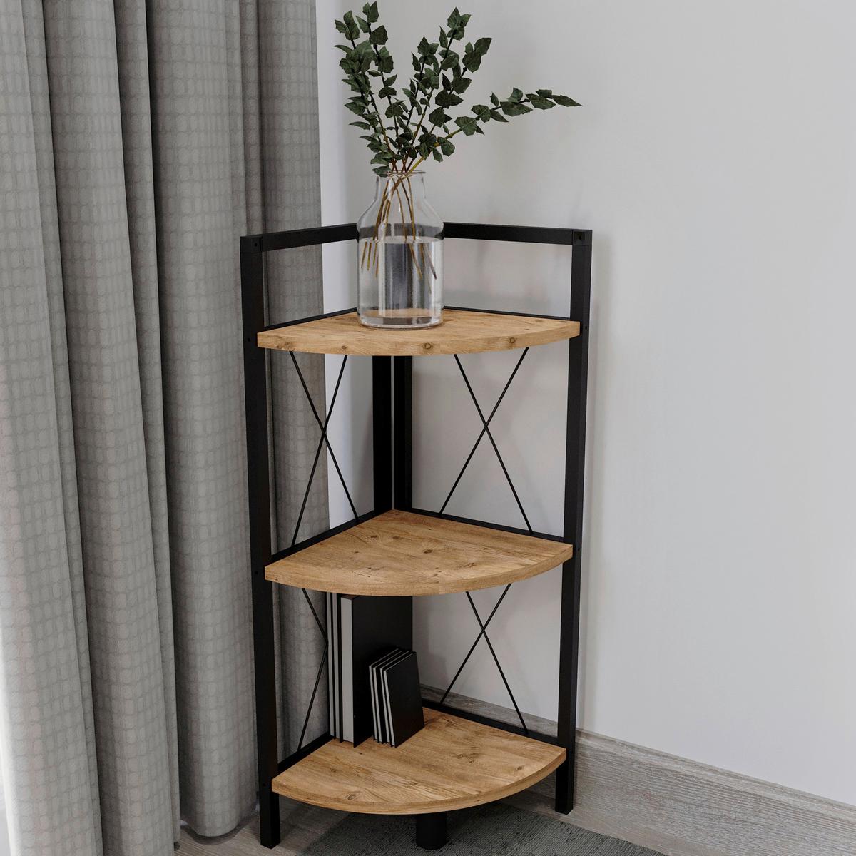 Kotni Regal Insasi 2, Barva Hrasta, Črna - črna/medeni hrast, Design, kovina/leseni material (34/87/34cm) - MID.YOU