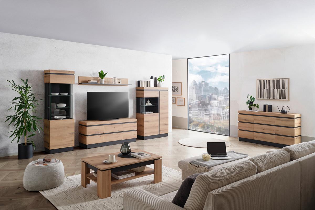 Comodă cu uși CORTE - culoare lemn stejar/gri, Trend, material pe bază de lemn (160,8/92,5/45cm) - Modern Living