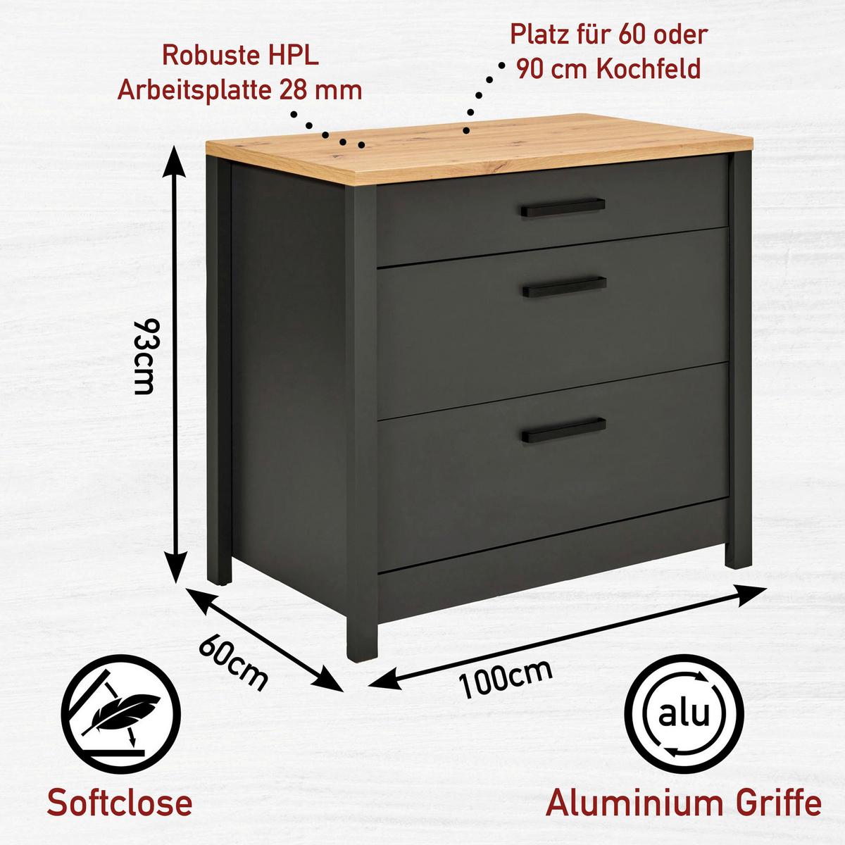 Küchenleerblock Bundle 5 o. Geräte Anthrazit - Anthrazit/Schwarz, MODERN, Glas/Holzwerkstoff (300cm) - home24