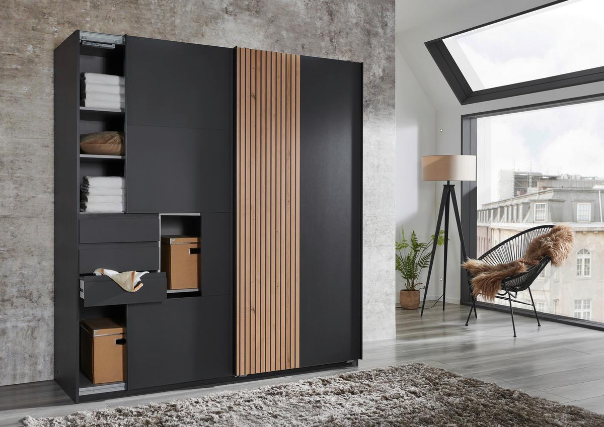 Omara Z Drsnimi Vrati Coburg, Barva Grafita, Hrast, Š. 180cm - črna/barve grafita, Moderno, kovina/leseni material (180/198/65cm) - Mömax