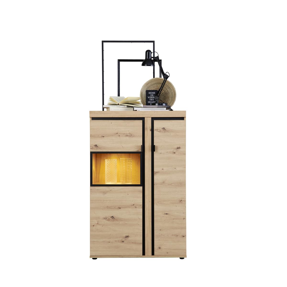 Vitrina Nyon, Barva Hrasta, Črna, Led - črna/barve hrasta, Moderno, kovina/umetna masa (89/138,1/40,5cm) - Mömax