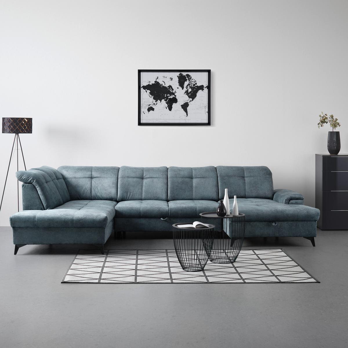 Wohnlandschaft Sierra in Dunkelblau - Blaugrau/Schwarz, MODERN, Textil/Metall (230/364/181cm) - Mömax