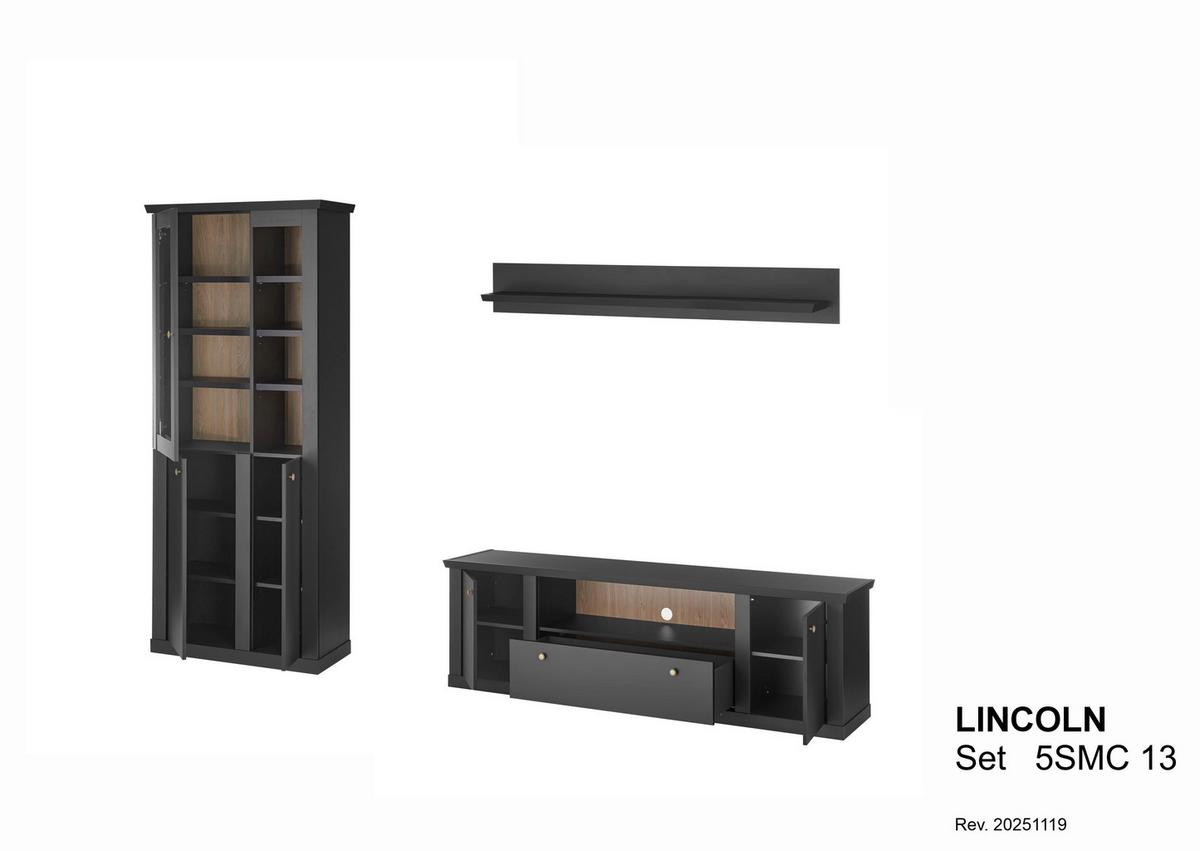 Wohnwand Lincoln Schwarz/Eichefarben B: 301cm - Eichefarben/Messingfarben, Design, Holzwerkstoff/Metall (301/200/42cm) - MID.YOU