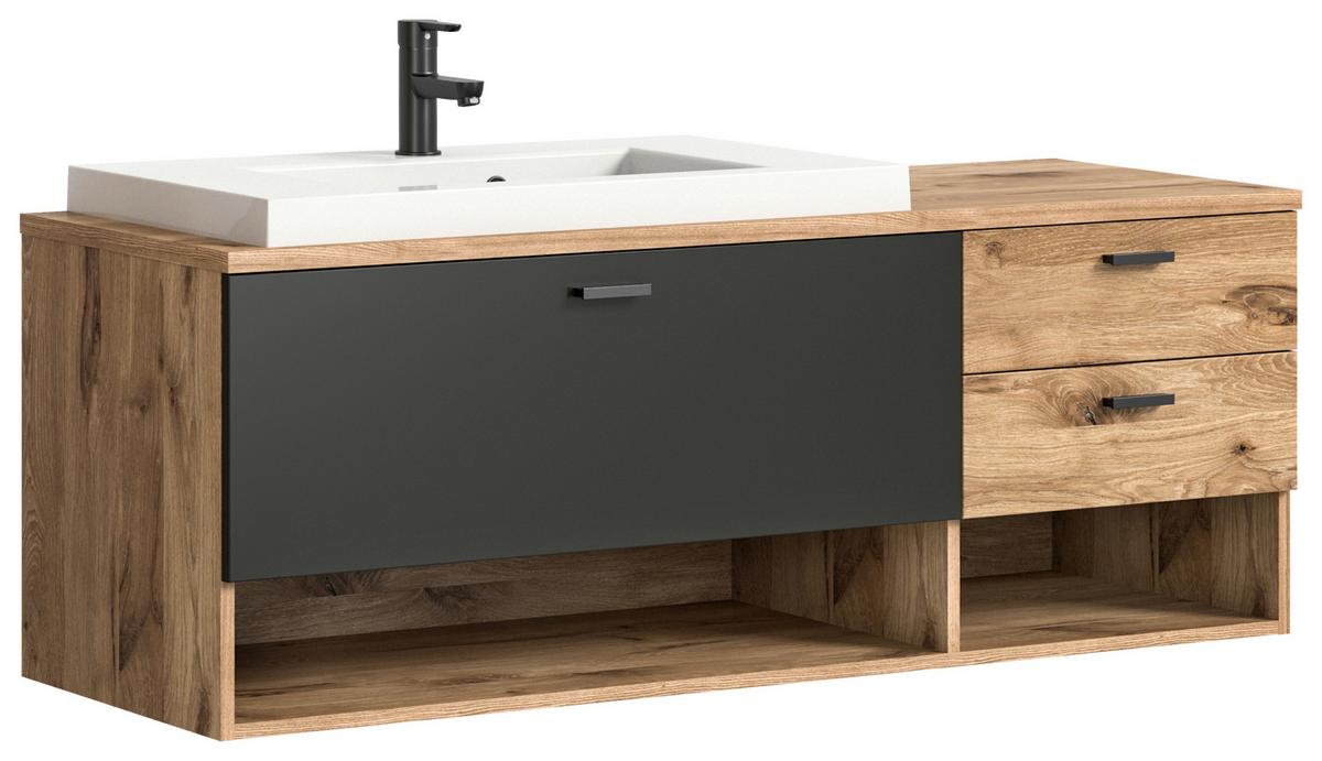 Badezimmer Grado 4-tlg. ca. 138 cm Eiche/Grau - Dunkelgrau/Weiß Hochglanz, MODERN, Glas/Keramik (138cm) - MID.YOU